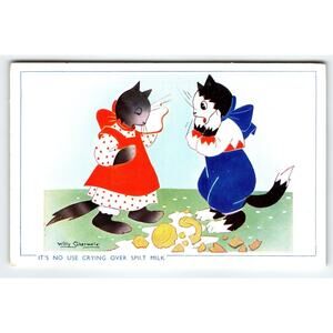 Dressed Cats Postcard Kittens Willy Schemele No Use Crying Over Spilled Milk UK